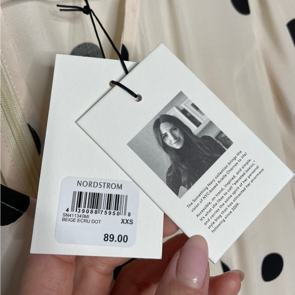 Something Navy | NWT Puff Sleeve Midi Dress in Beige Ecru Polka Dot XXS - Picture 7 of 8